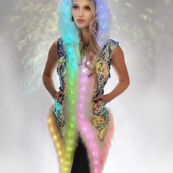 Faux Fur-Trimmed LED Sequin Hooded Rave Vest Asymmetrical NWT - Picture 1 of 5